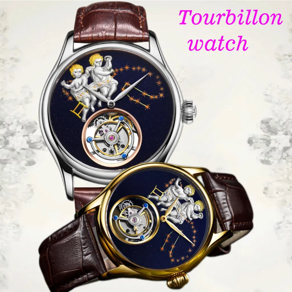 OumashiTop Gemini Real Tourbillon Hollow Movement Men Wristwatch Luxury Leather Men Mechanical Sapphire Watches Relogio Mecanico
