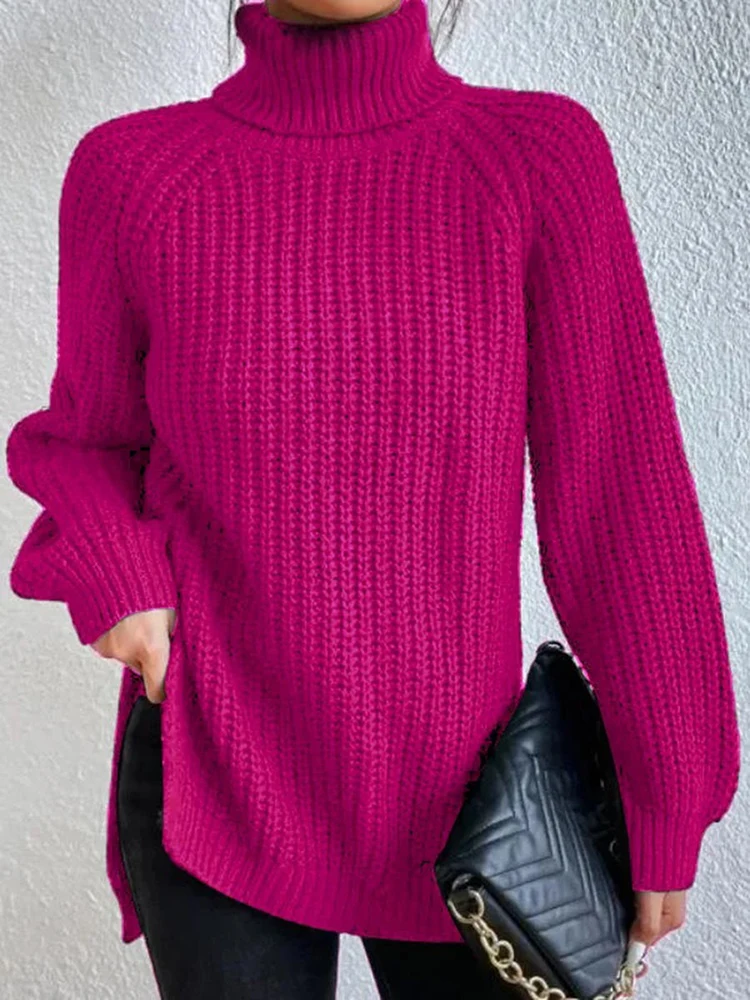 thumbnail image 1 of Suéter holgado de cuello alto de invierno para mujer, jersey elegante con mangas caídas y abertura lateral, jerséis elegantes estilo Harajuku vintage, tops de punto de gran tamaño, 1 of 5