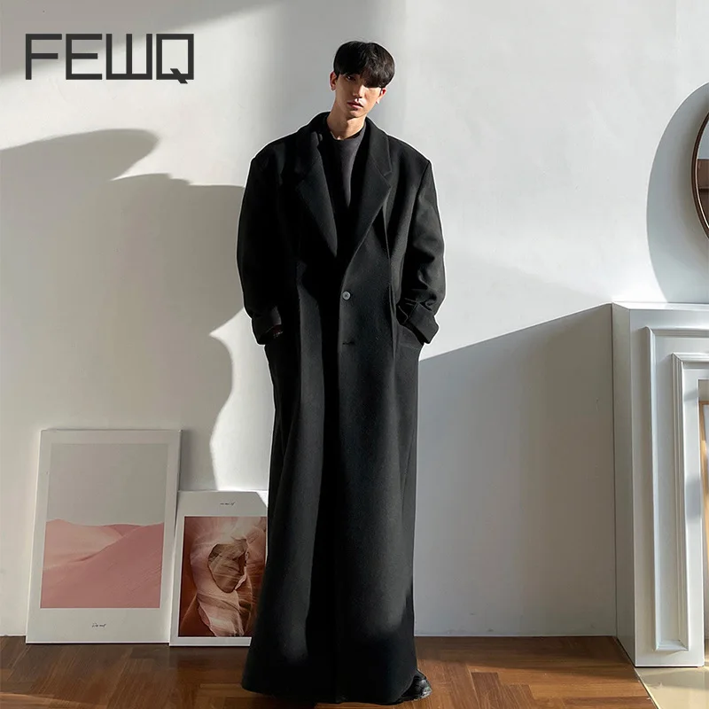 

FEWQ Men's Long Woolen Coat Autumn Winter Thickened Korean Fashion Trend Loose 2023 Solid Color Long Sleeve Male Tops 24X1672