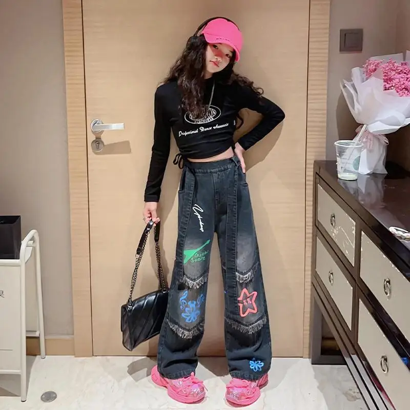 Kids Girls Jeans Wide Leg Long Pants for Baby Girl