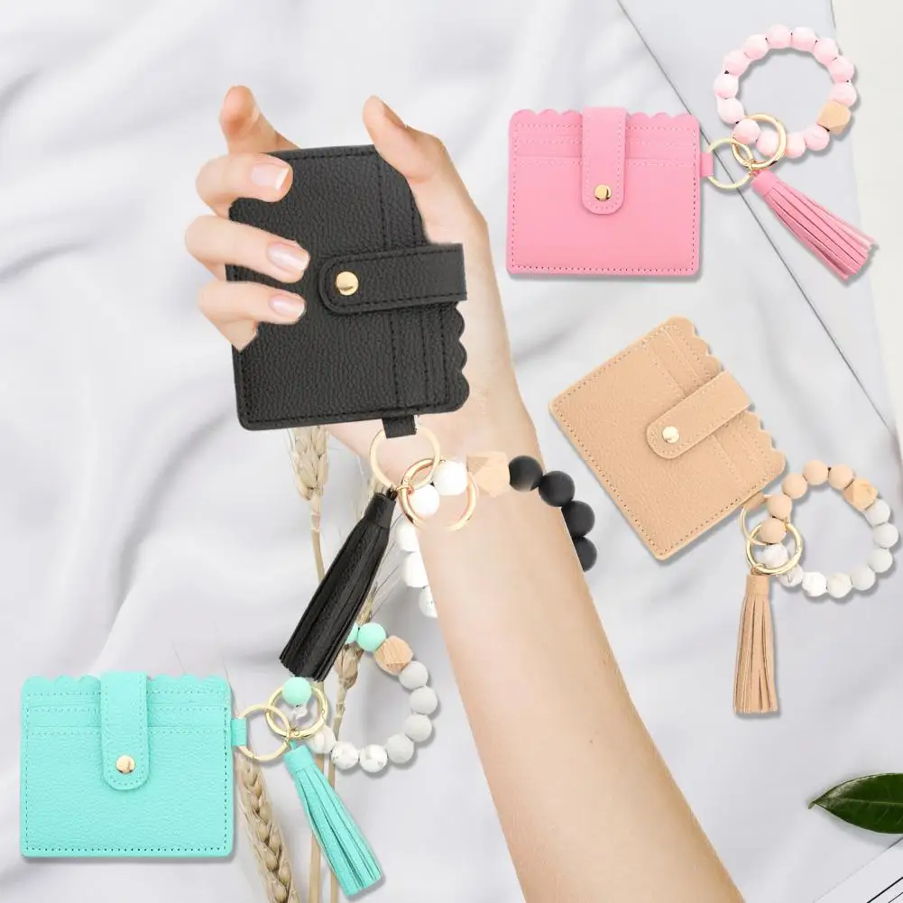 Women Tassel Wallet Ladies Bracelet Wallet Faux Leather Ladies with Beads Tassel Decor Firm Stitching Leopard Print
