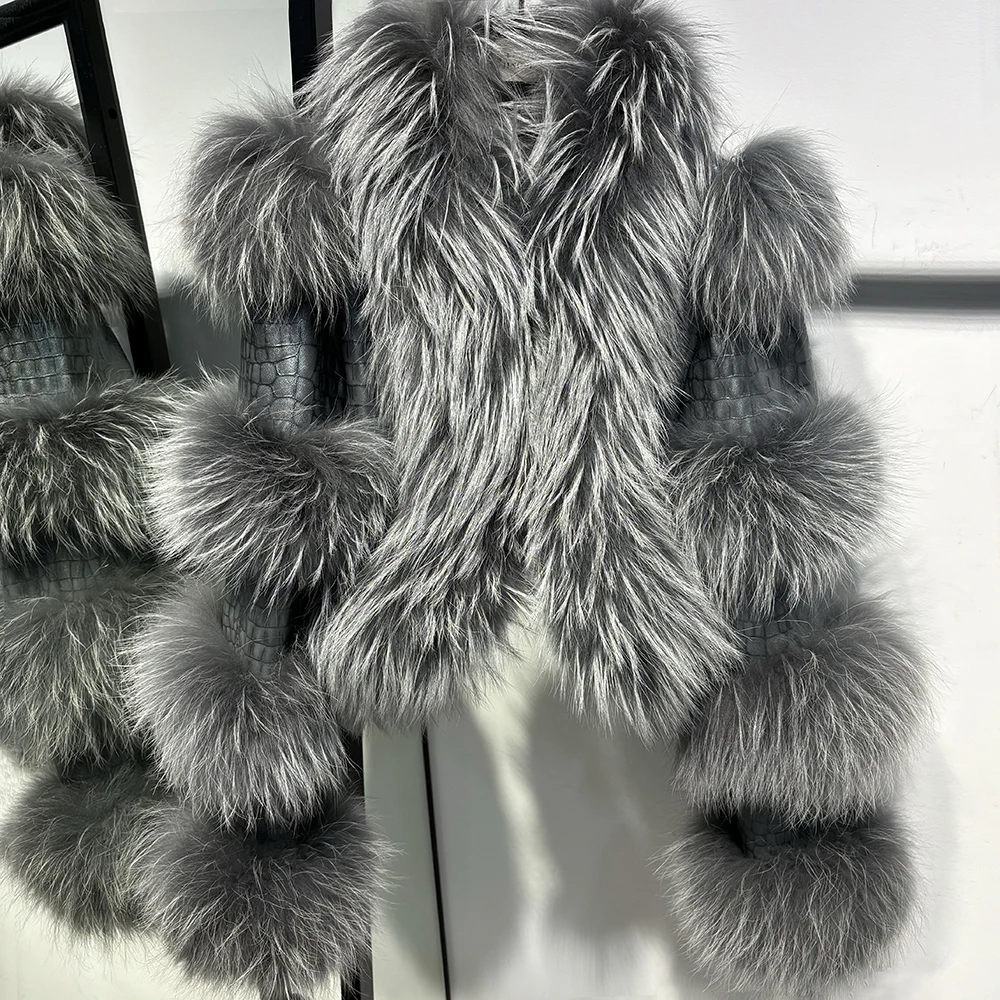 YOLOAgain Women's Natural Fox Fur Jacket Real Leather Cropped Jacket Streetwear