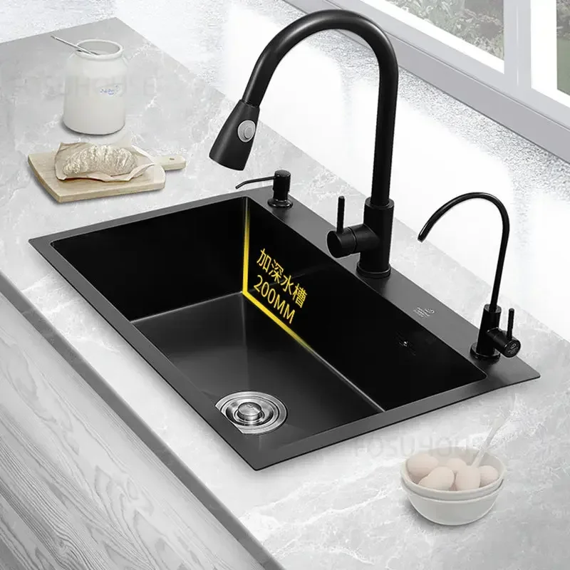 Stainless Steel Kitchen Sinks Kitchen Accessories Black Nano Large Single-slot Wash Basin Under Countertop Thicken Washing Sink 5