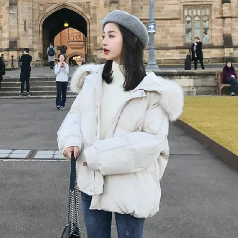 2023 New Women Cotton Coat Winter Jacket Female Artificial Fur Collar Hooded Parkas Warm Thickened Outwear Loose Short Overcoat