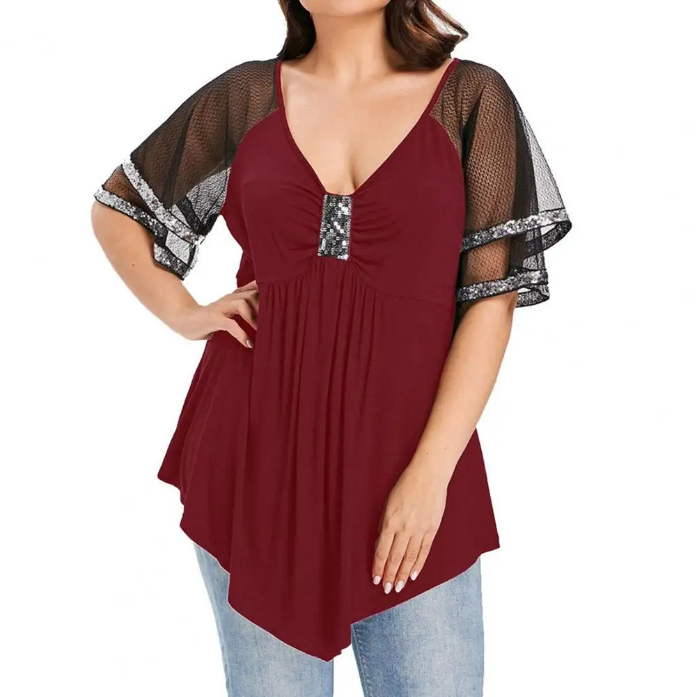 

Casual Top Moisture Wicking Tee Top Irregular Hem Shiny Sequins Stitching Loose Pullover Top Streetwear