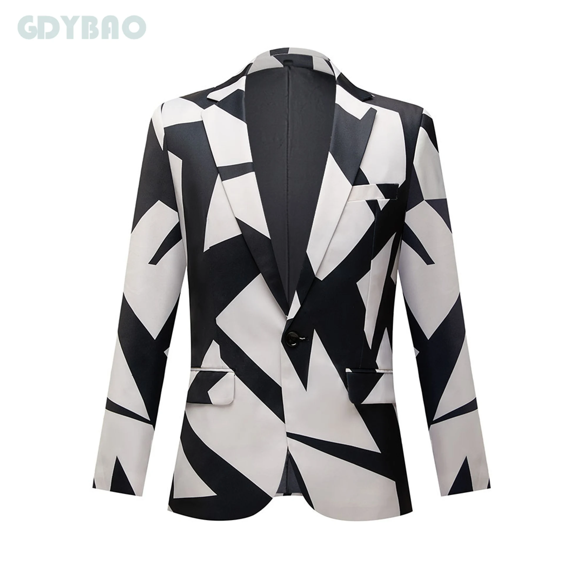 

Black And White Collocatio Geometric Pattern Printed Suit Men One Button Peak Lapel Suit Jacket Party Wedding Prom Costume Homme