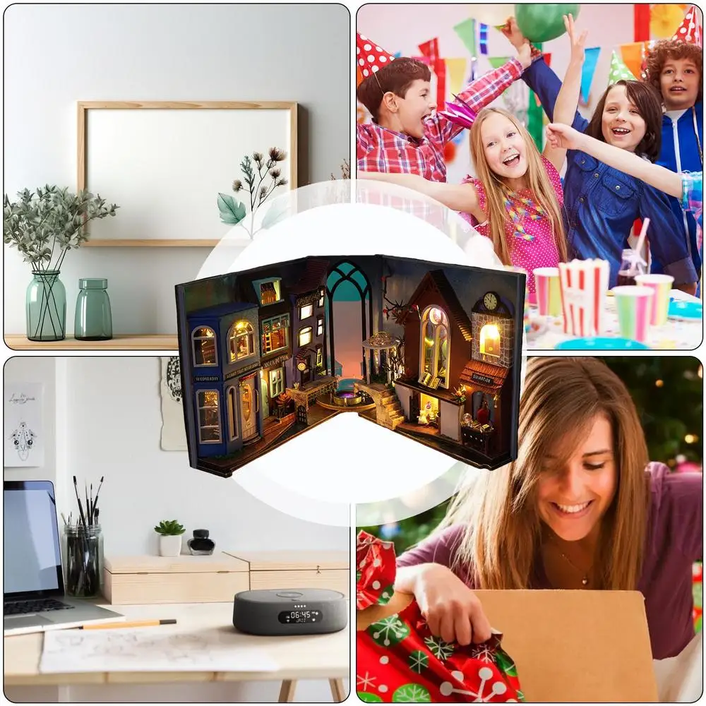 DIY Book Nook Kit 3D Puzzle Bookend Decorative Bookend With LED Light DIY Bookend Building Set Model Kit For Teens And Adults