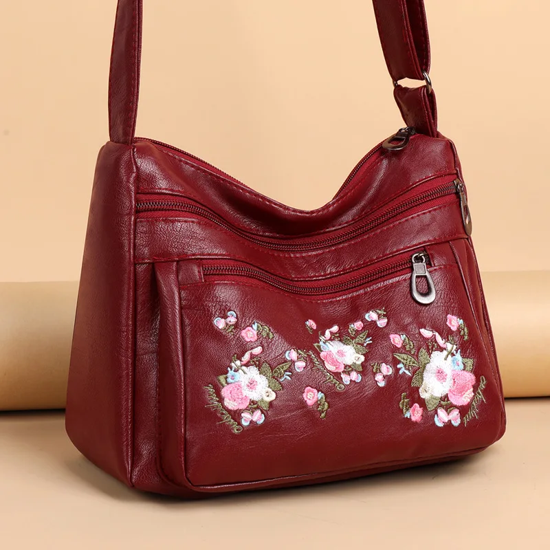 Fashion PU Leather Luxury Multi-pocket Handbags High Quality Women's Bag Flower Embroidery Design Ladies Crossbody Shoulder Bags