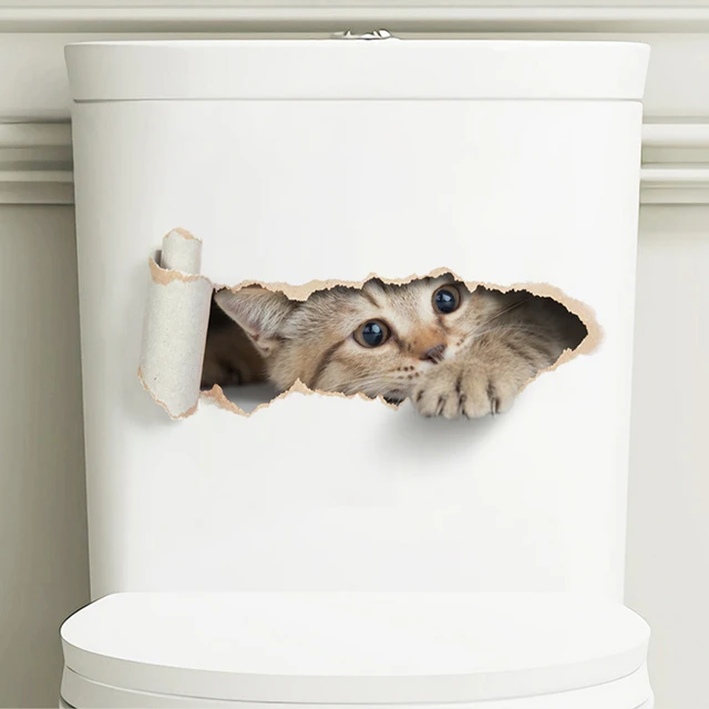 Autocollant de toilette chaton déchiré, effet 3D, pour siège de toilette de salle de bains, autocollant étanche auto-adhésif 3