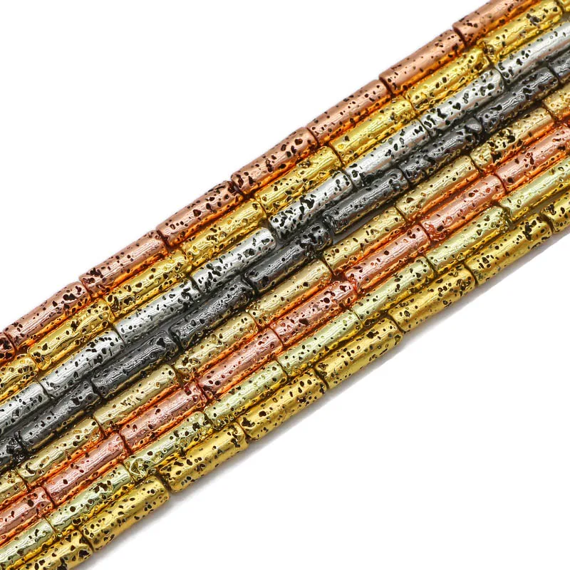 Rose Gold Plated Lava Stone Cylinder Beads