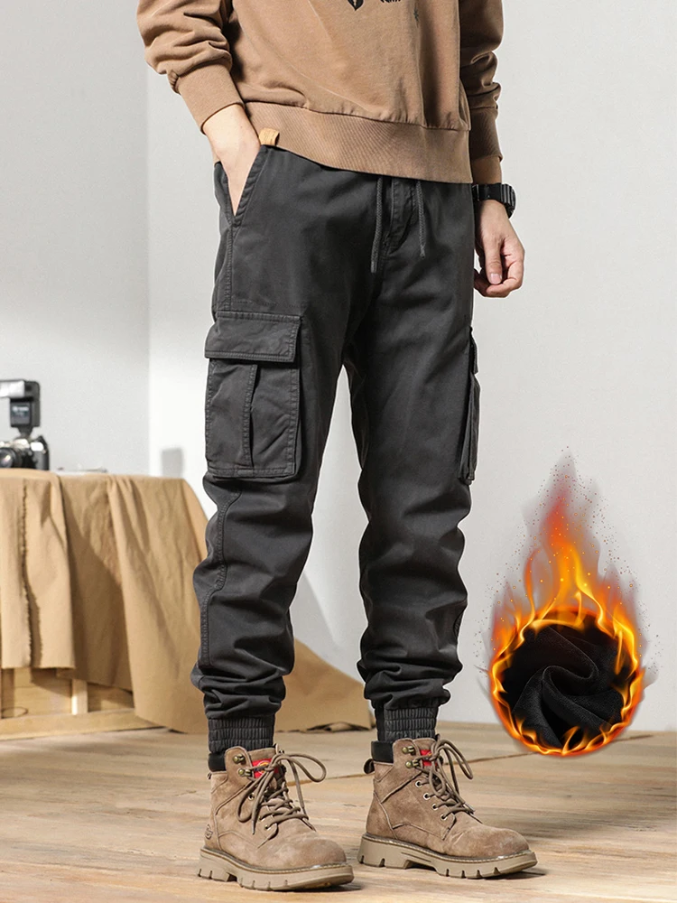 2024 New Winter Cargo Pants Men Multi-Pockets Drawstring Fleece Liner Thick Warm Overalls Joggers Casual Cotton Thermal Trousers 4