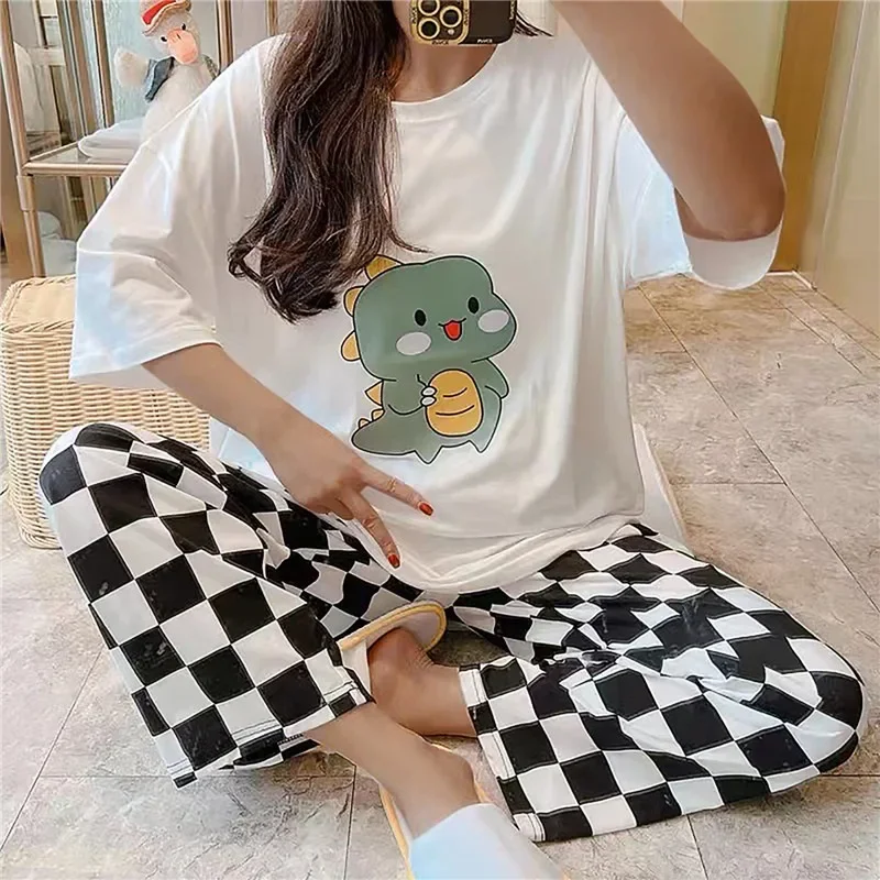 Sweet Pajamas Suit Summer 2023 New Cartoon Short Sleeve T Shirt Long Pants Home Wear Two-piece Set Soft Women Sleepwear Set
