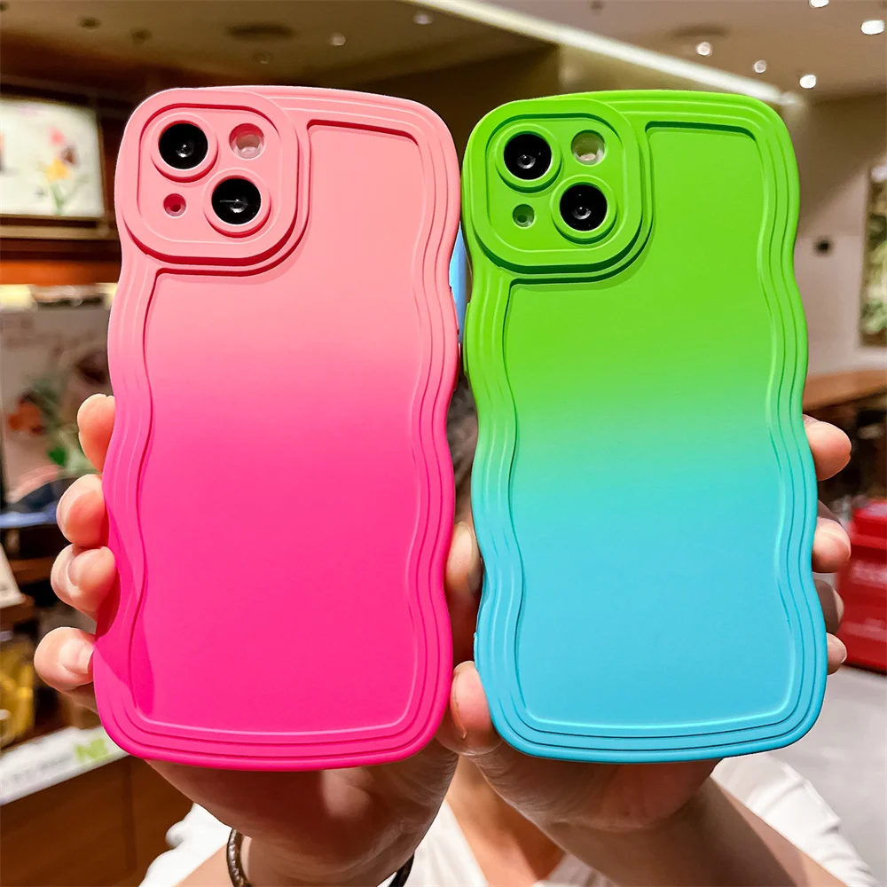 Niedliche Farbverlaufsfarbe mit lockigem Wellenrahmen für iPhone 14 11 12 13 Pro Max X XR XS 7 8 Plus SE 3 stoßfeste weiche Silikonhülle_voghion.com
