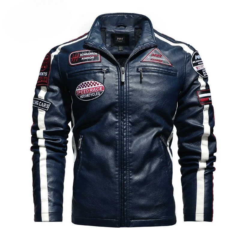 Men's Motorcycle Racing Suit Leather Plus Fleece Thin Color Jacket Winter Jacket