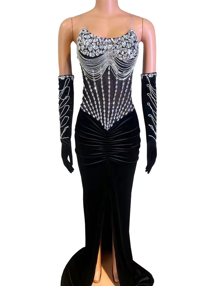 

Sparkling Rhinestone Black Velvet Gloves Women Long Sleeveless Dress Party Photo Shoot Show Wear Sing Stage Performance Costume