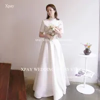 XPAY High O Neck Soft Satin Korea A Line Wedding Dresses 2024 Photography Shoot Short Sleeve Simple Elegant Custom Bride Dress 1