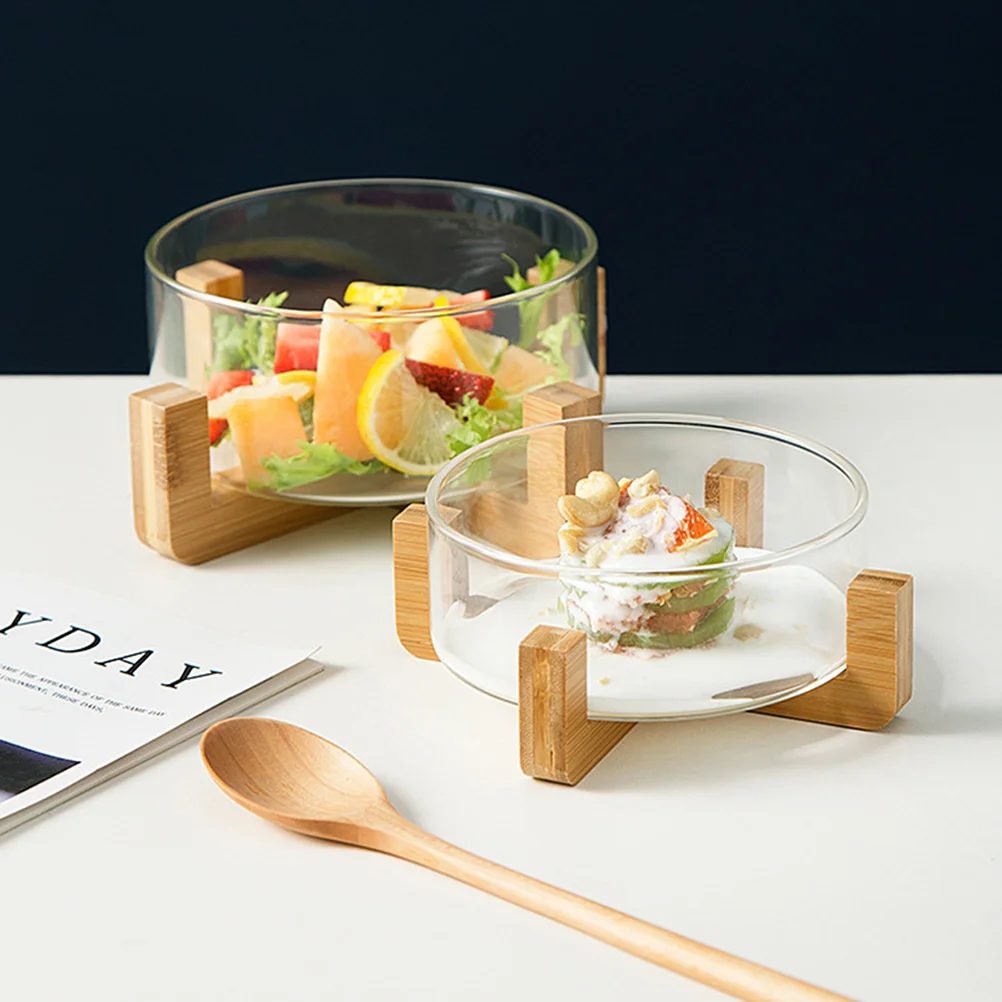 

Glass Salad Fruit Bowl Transparent Heatproof Fruit Storage Fruit Bowl With Wooden Base Salad Serving Containers Kitchen Gadgets