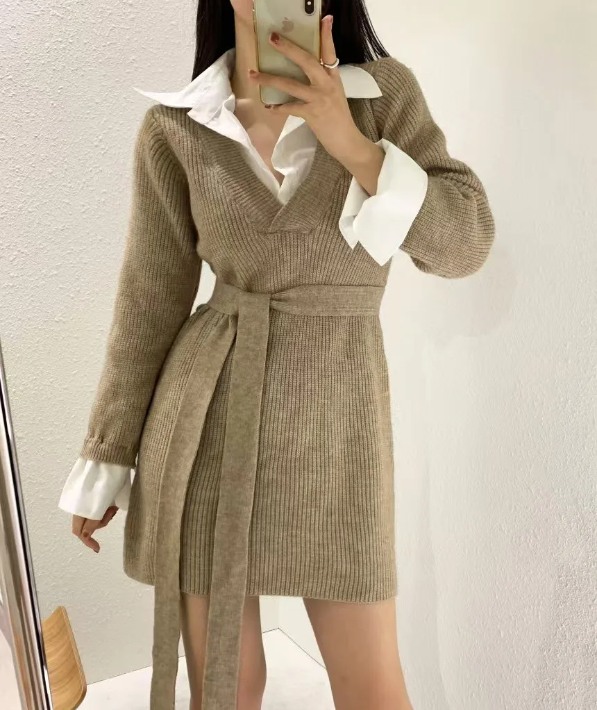 Korean Chic Mini Dresses Women Turn-down Collar Long Sleeve Shirt Patchwork Autumn Winter Knitted Dress Casual Fashion Vestidos