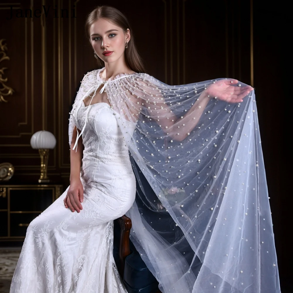 

JaneVini Luxury Pearl Shawl Bridal Bolero Wedding Cloak Women Soft Capes Wedding Jacket Shrug 3M Long Tulle Party Wraps Stoles