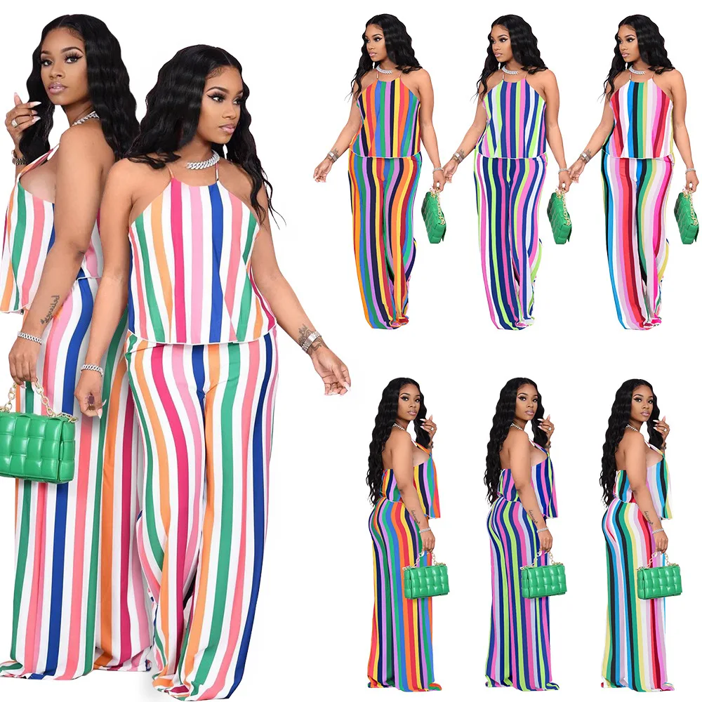 

Striped Printed Women 2 Piece Set Spaghetti Straps Crop Top Wide Leg Pants Matching Set 2023 Summer Fashion Casual Home Suit