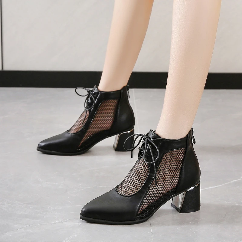 

Solid Color High-heeled Women's Shoes Nice Summer Pop Hollow Mesh Breathable Thick Heel Zipper Fashion Pointed Toe Cool Boots