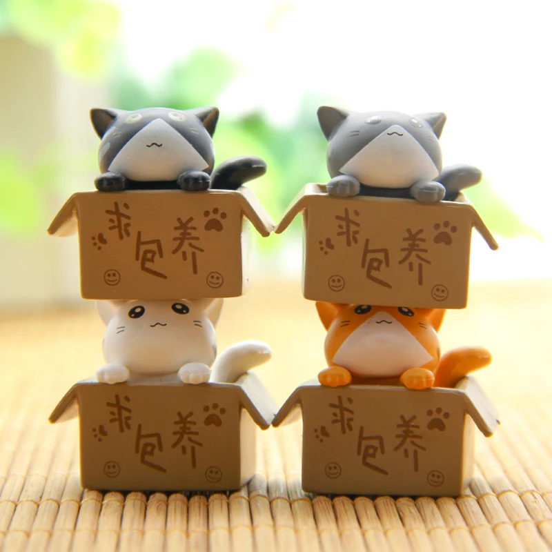 4-Piece Cartoon Poor Box Cat And Kitten Model Figurine Car Sculpture Handicraft Garden Sculpture Jewelry Gift Set