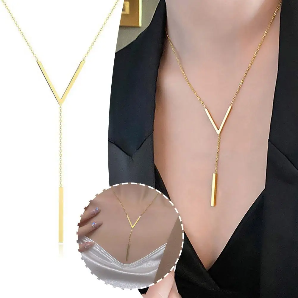 Gold-color Stainless Steel Long Bar Tassel Paragraph Collarbone Minimalist Shaped Holiday Necklace Female Party V Necklace F1X3 2