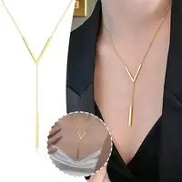 Gold-color Stainless Steel Long Bar Tassel Paragraph Collarbone Minimalist Shaped Holiday Necklace Female Party V Necklace F1X3 2