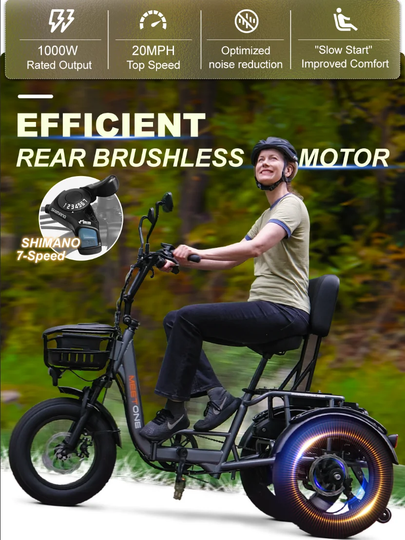 Meetone Breez Folding Electric Trike750W 20AH Lithium Battery Electro Trike Reversing Function 18*4-in Fat Tire Mountain E-Trike