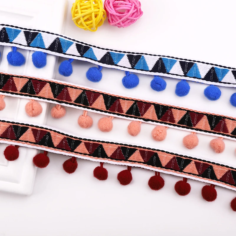 

3/5 Yards Color Triangle Pattern Polyester Knitted Pom Pom Lace Trim Sewing Items Eco-Friendly Tassel Lace Clothing Supplies
