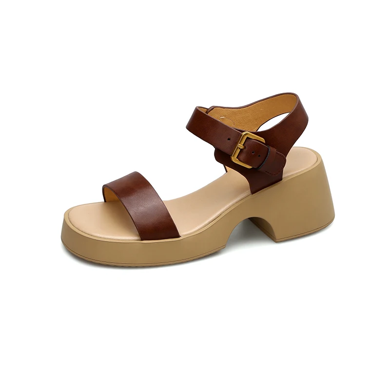 

Женские босоножки из натуральной кожи, сандалии из воловьей и свиной шкуры на толстом каблуке 22-25 см с пряжкой в стиле ретро, летняя обувь, новинка 2023