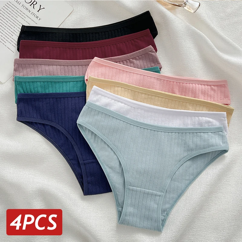 

4PCS/Set Cotton Panties For Women Sexy Low Rise Briefs Cotton Ribbed Underwear Female Basic Breathable Underpants Solid Color