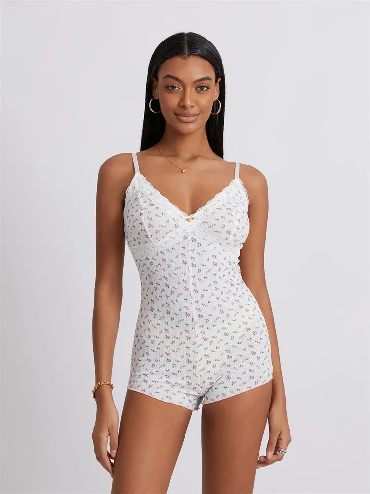 Women Floral Short Jumpsuits Lace Trim Spaghetti Strap V Neck