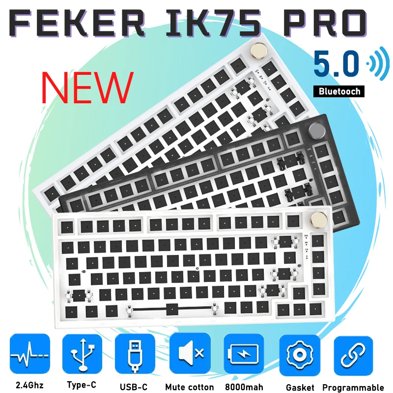 3 tryb FEKER IK75 V3 zestaw IK75 Pro 75% klawiatura mechaniczna zestaw DIY Hot Swap bezprzewodowa klawiatura pokrętła RGB QMK + przez podkładka silikonowa