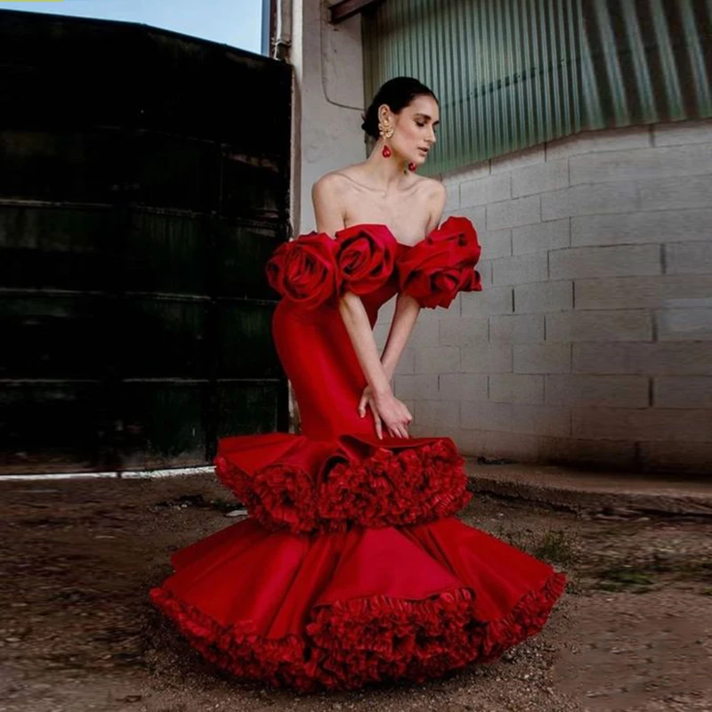 

Sexy Red Prom Gowns Floral Satin Mermaid robe de soiree Sweetheart Flamenco Dancing Dress Maxi Women abiye gece elbisesi