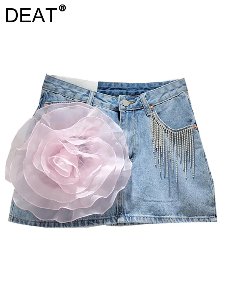 

DEAT Women's Denim Skirts High Waist Spliced Mesh Flower Patchwork Diamonds Tassel Short Skirt 2024 Summer New Fashion 29L7307