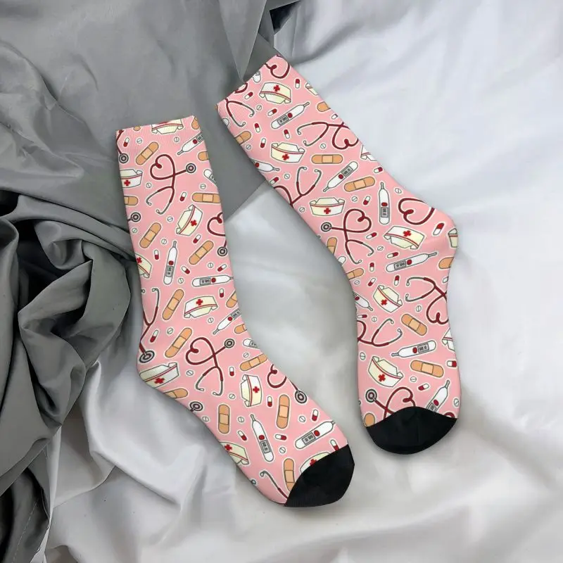 Fashion Printed Pink Cartoon Nurse Socks for Men Women Stretch Summer Autumn Winter Medical Nursing Crew Socks