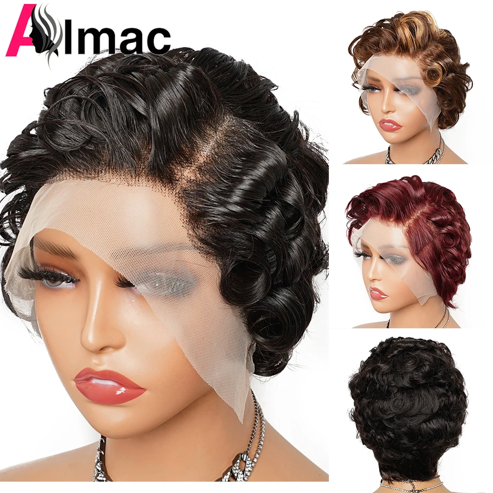 Pixie Cut Wig Short Curly Lace Front Human Hair Wigs For Black Women Indian Water Wave 13x4 Transparent Lace Frontal Wigs