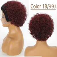 Perruque de Cheveux Humains Courts Bouclés, Coupe Pixie, 1b 99J, Balayage Bordeaux, Couleur Miel Ombré, 13x1, Pre-Plucked 4