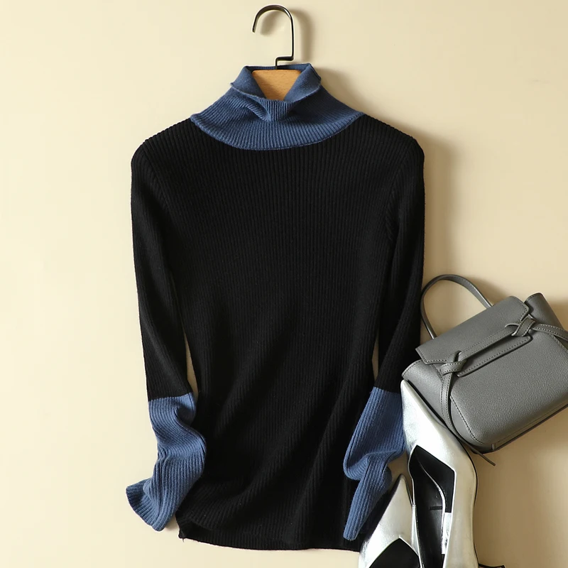

Turtleneck Patchwork Knitted Women Sweater Pullover Slim Elastic Elegant Office Lady Pulls Outwear Coats Tops