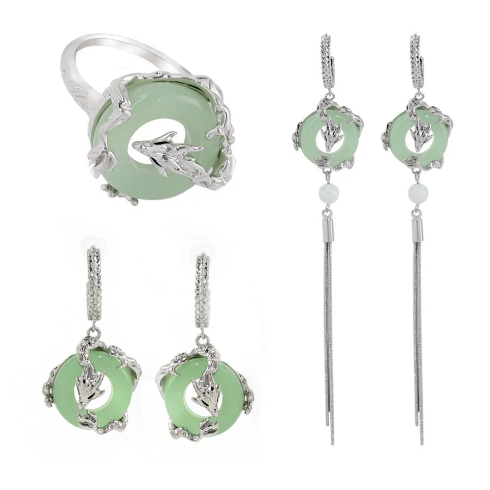 Kafuna China-Chic Ancient Sterling Silver Natural Hotan Jade Ring EarringsLive Jewelry Set_voghion.com