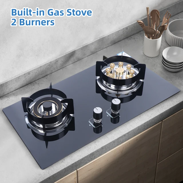 High-Efficiency Built-in Gas Stove with Dual Burners, 4.2KW & 5.2KW Power, Copper Flame Dividers, Tempered Glass Top 2