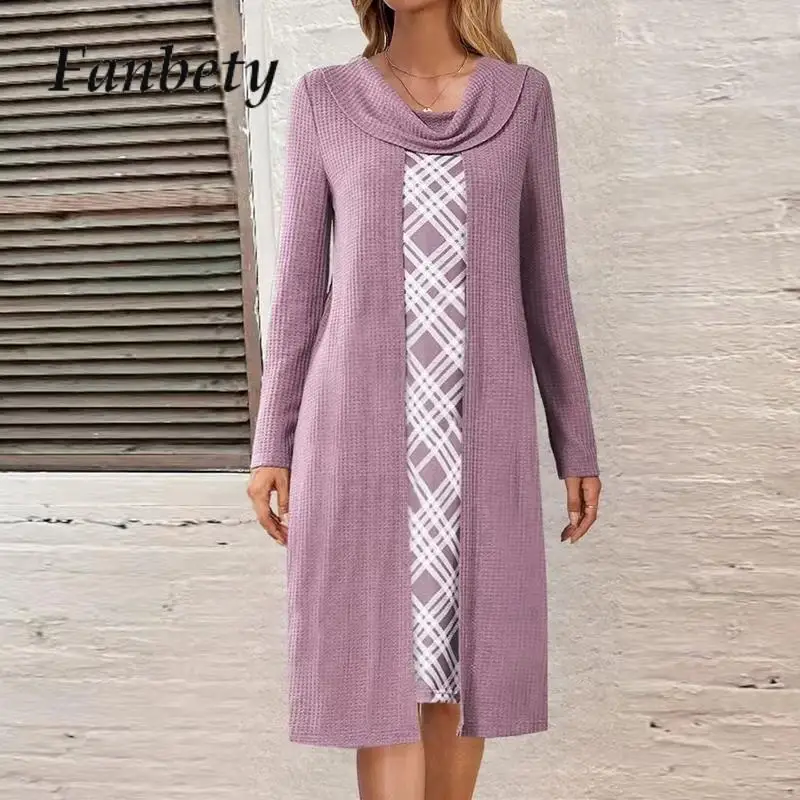 

Autumn Casual Knitted Long Sleeve Dress Women Plaid Print Contrast Color Retro Dress New Design Fake Two-Piece Pile Collar Dress