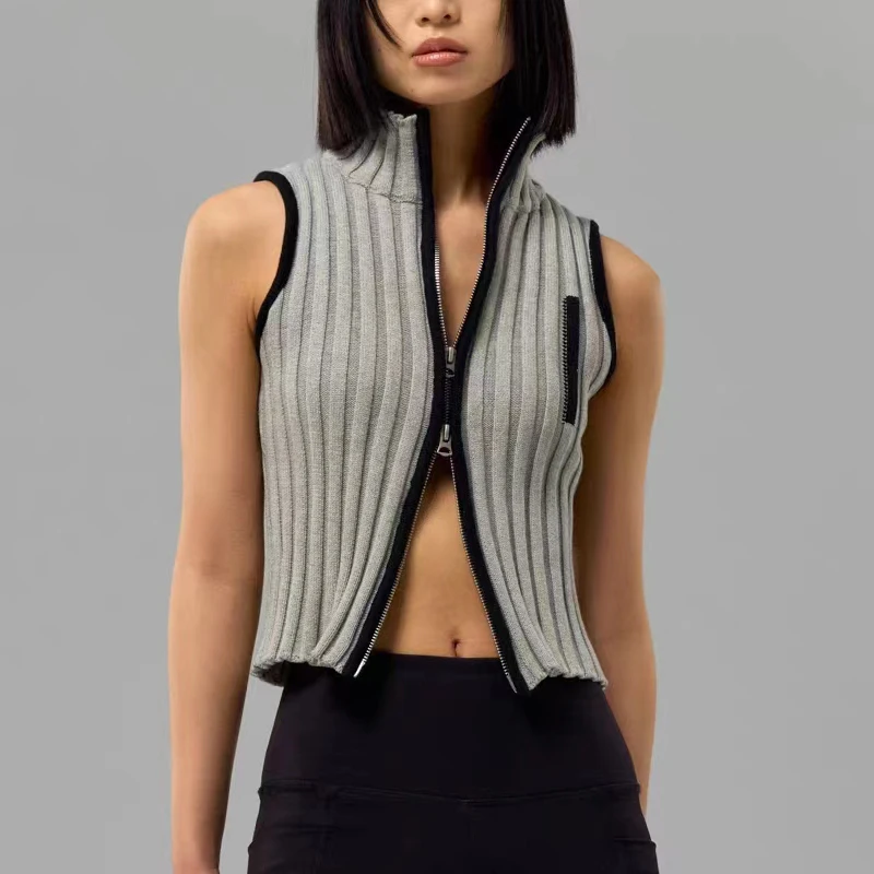 

Sleeveless pit stripes collision color high neck knit Top women summer new fashion high street double open zipper y2k tops