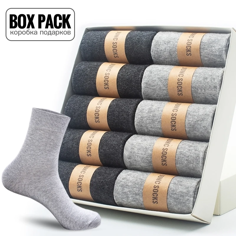 Box Pack Men's Cotton Socks 10Pairs/Box Black Business Men Socks Soft Breathable Summer Winter for Man Boy's Gift Size EUR39-45