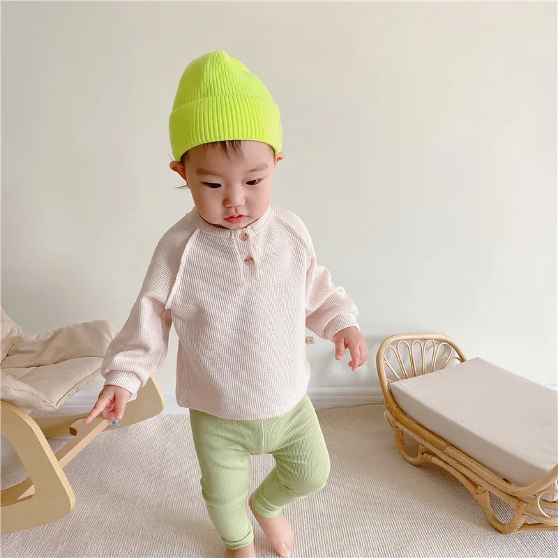 0-3Years Newborn Baby Boy Girl Spring Autumn T-shirt Casual Long Sleeve Striped/Solid Beige Knit Tops Tee Outfits Baby Clothes