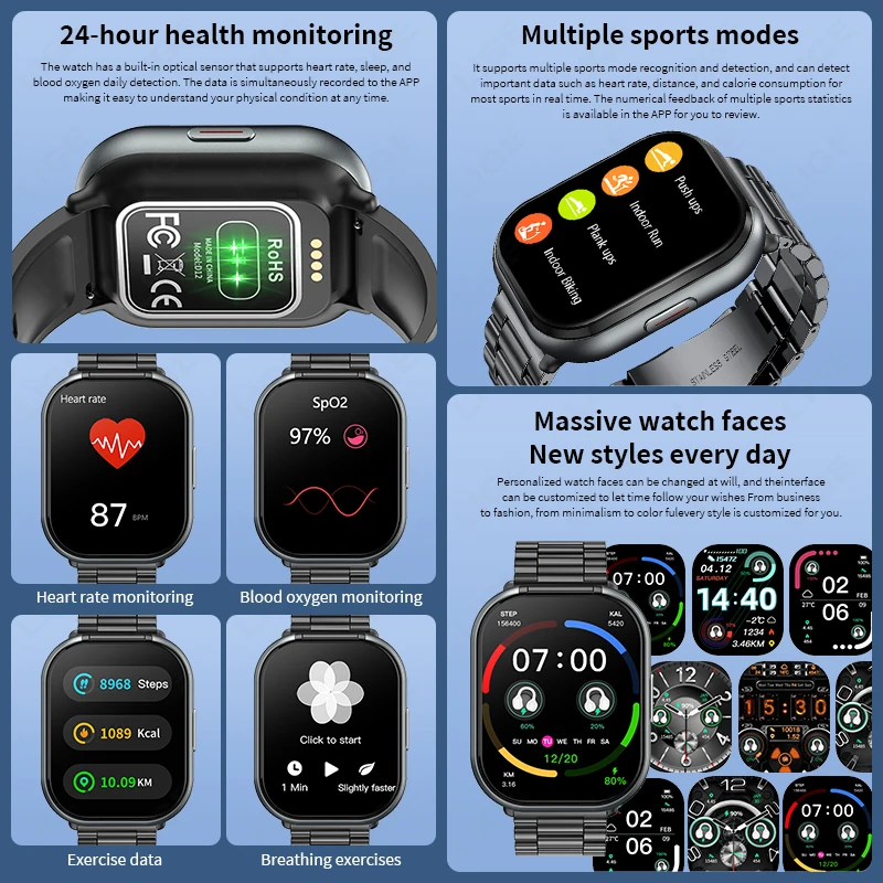 LIGE TWS 2-In-1 Clip-on Earbuds Smart Watch 2.01" BT Call Men Women Earphone Music Sports Smartwatch Heart Rate Health Monitor