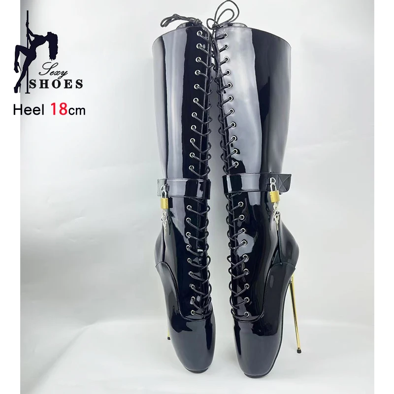 New 7" Stiletto Lockable Padlocks Sexy Fetish Mid-calf Boots Night Club Women Black Ballet Boots Fashion Cross dressing Shoes