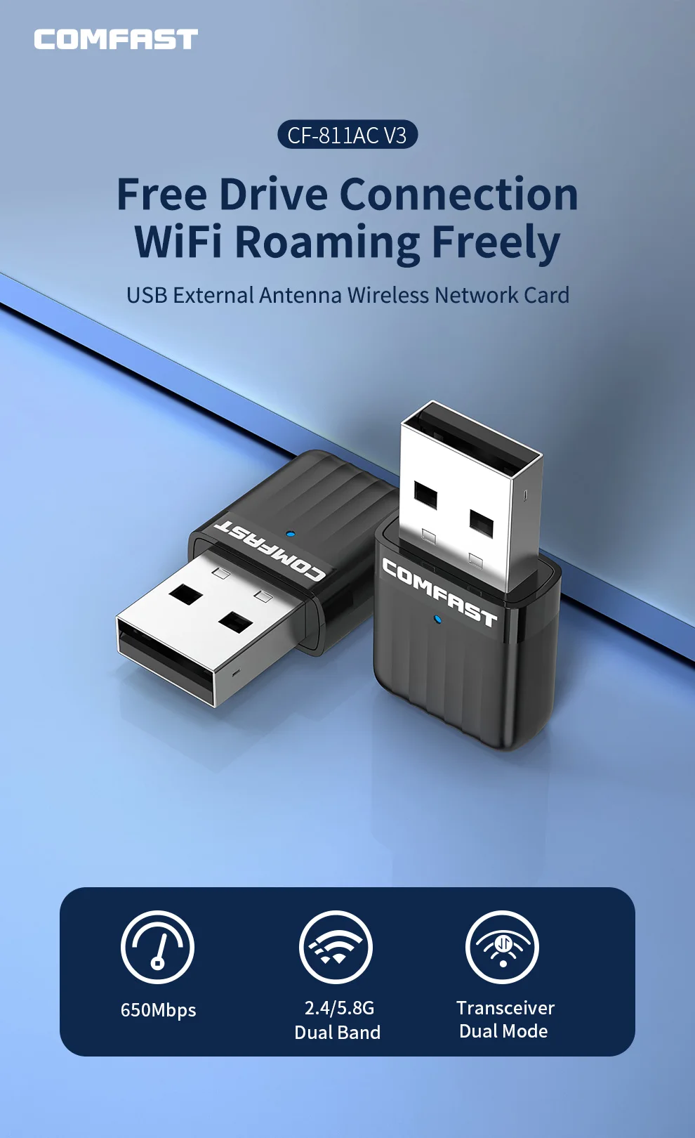 COMFAST Wireless USB WLAN-Adapter 650–1300 Mbit/s Wi-Fi-Dongle 2,4 G 5 GHz Netzwerkkarte Antenne PC Wi-Fi Lan-Empfänger Win 7 8 10 11 – Detail 18