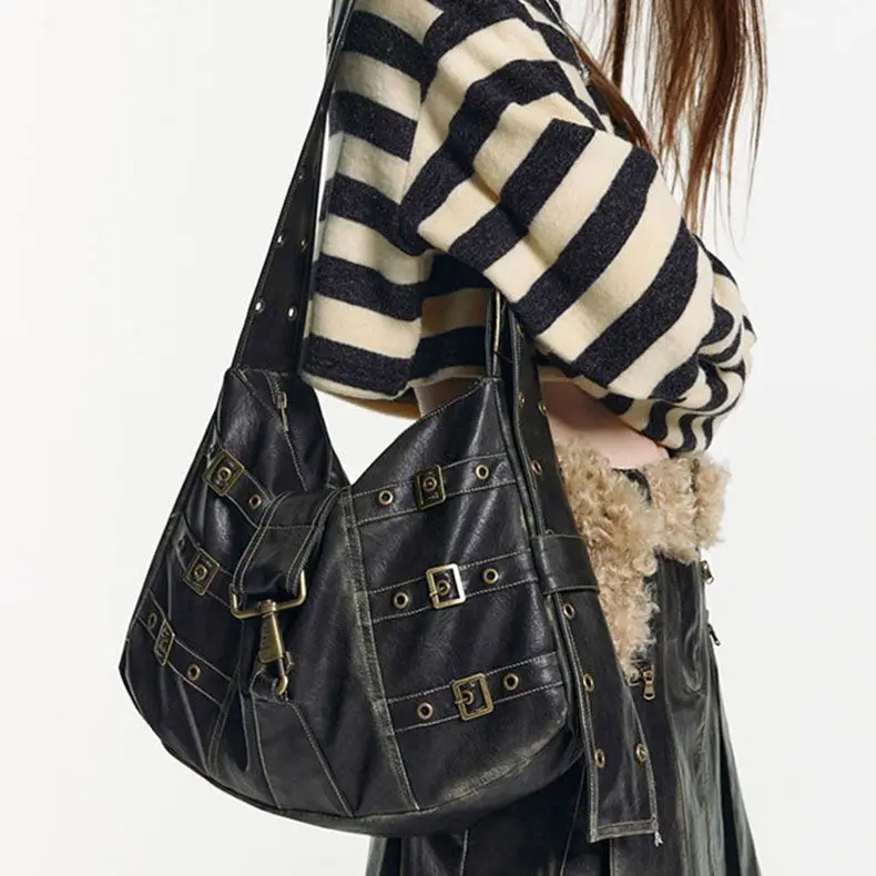 JIAERDI Vintage Rivet Black Handbag Women Y2k Grunge Leather Chic 
